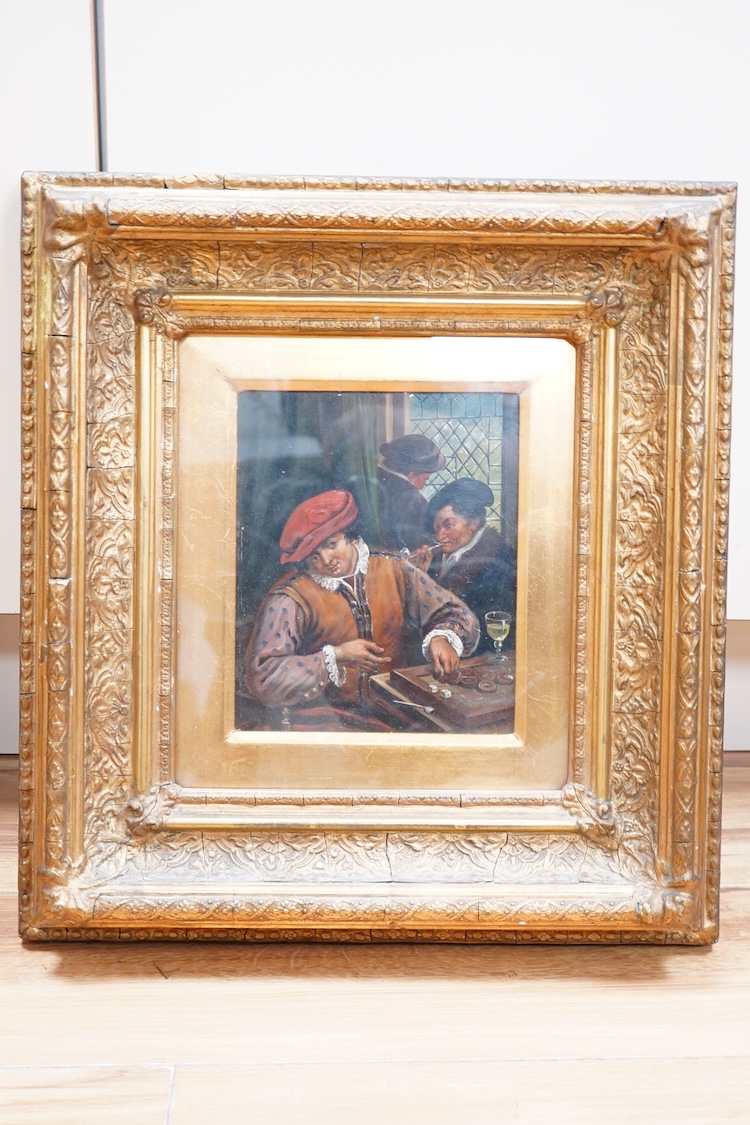 Late 19th century, German or Dutch school, Interior scene, men at draughts, oil on board, gilt framed, 19 x 15cm